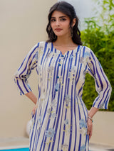 Off white blue silk floral printed kurti set for festive