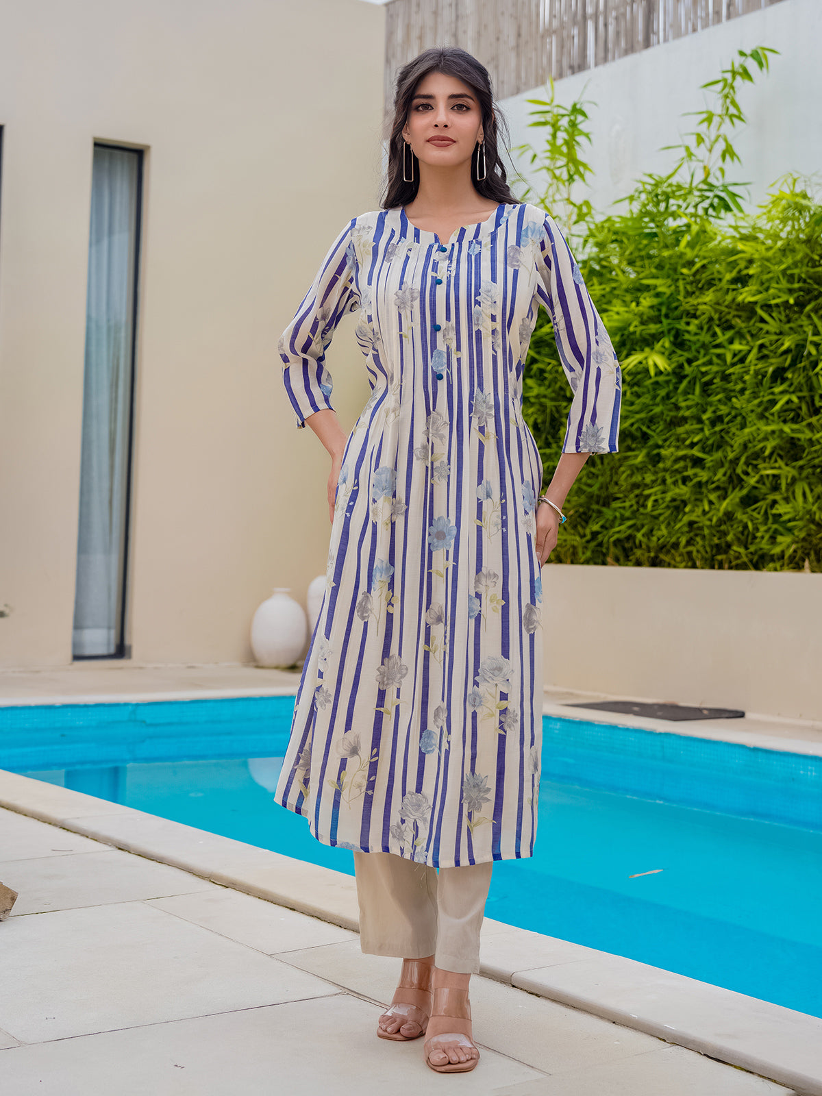 Off white blue silk floral printed kurti set for festive