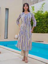 Off white blue silk floral printed kurti set for festive