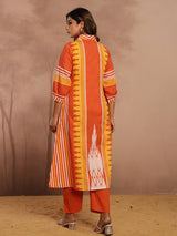 Orange silk printed kurti set for casual festive wear