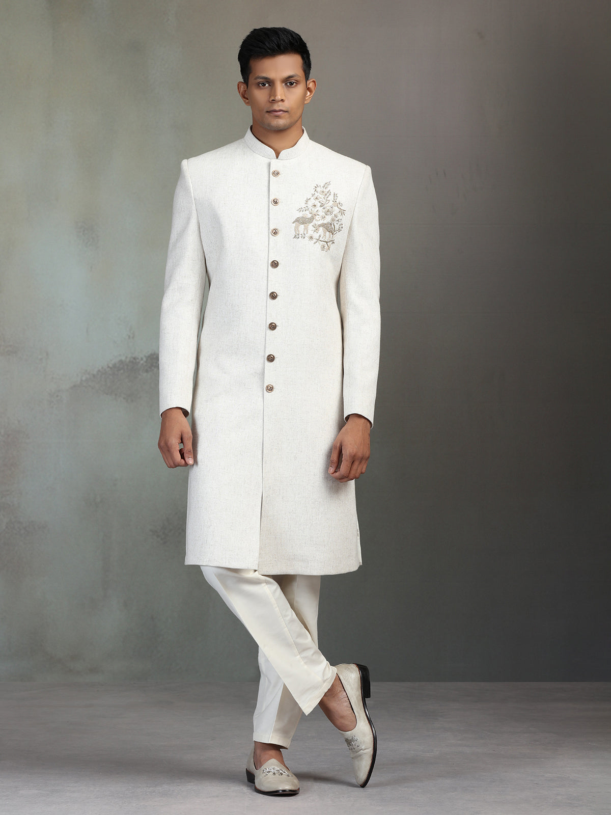 Cream silk wedding wear sherwani for men