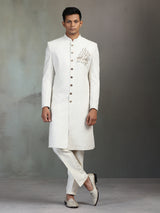 Cream silk wedding wear sherwani for men