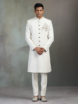 Cream silk wedding wear sherwani for men