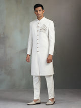 Cream silk wedding wear sherwani for men