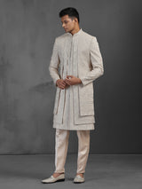 Gold silk layered sherwani for men