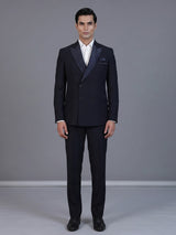 Navy blue designer double breasted suit with satin peak lapel finish