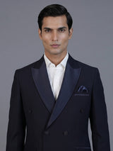Navy blue designer double breasted suit with satin peak lapel finish