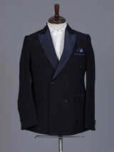 Navy blue designer double breasted suit with satin peak lapel finish