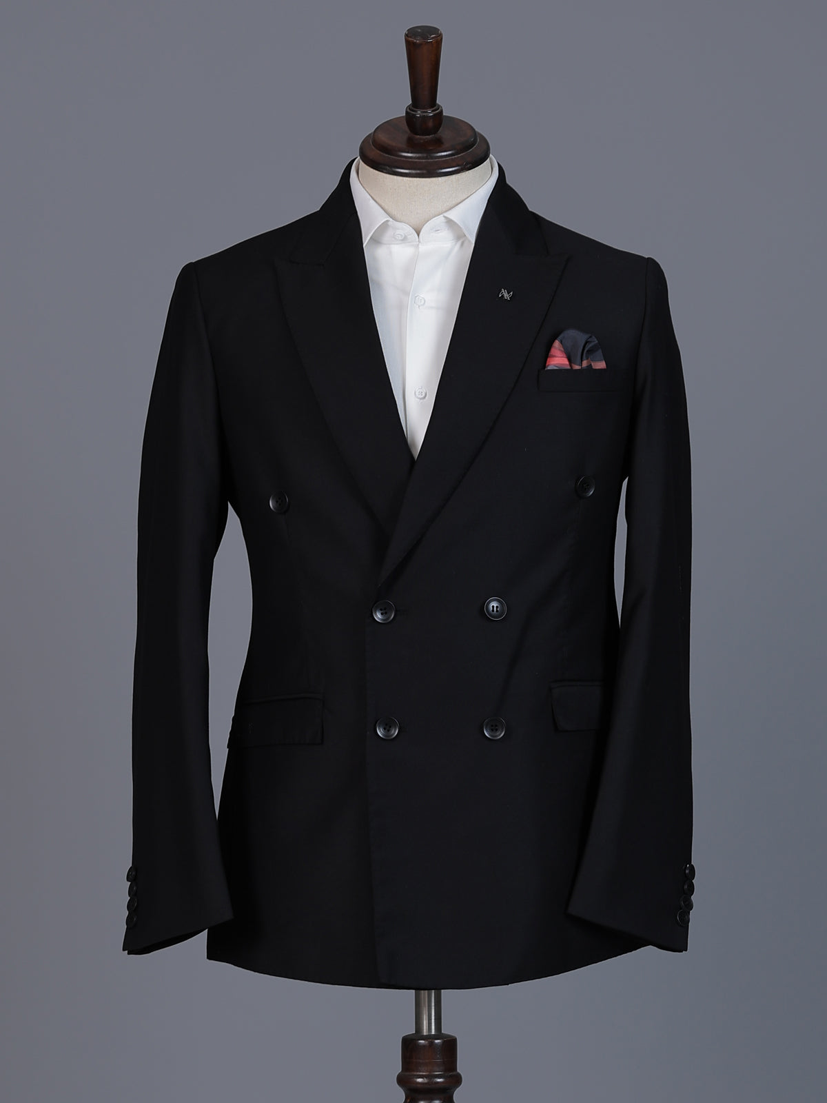 Classic black formal double breasted suit with bold peak lapel