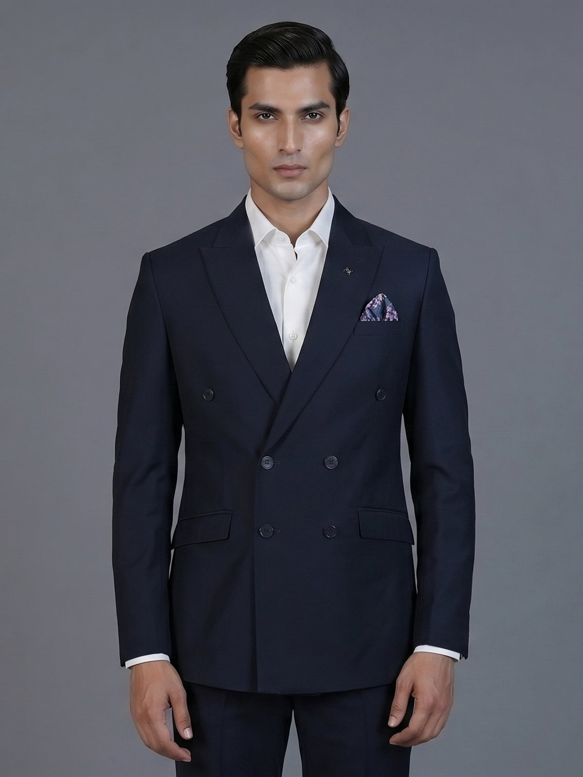 Elegant navy blue formal double breasted suit with peak lapel