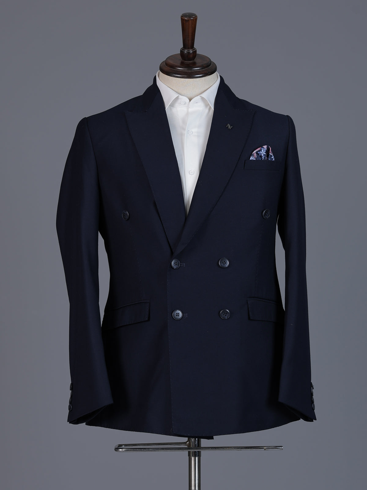 Elegant navy blue formal double breasted suit with peak lapel