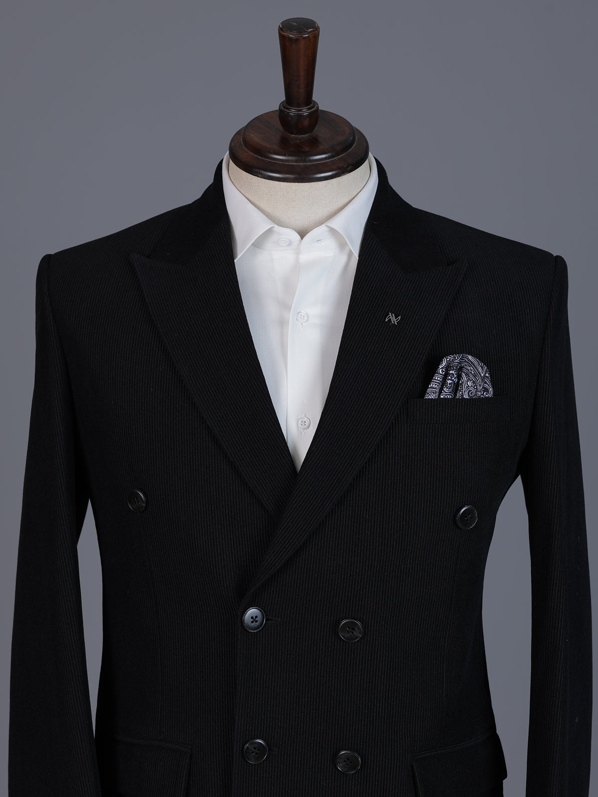 Black pinstripe formal double breasted suit with wide peak lapel