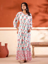White cotton silk long kurti with pink and blue prints