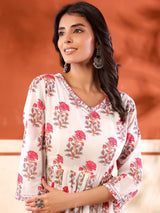 White cotton silk long kurti with pink floral prints