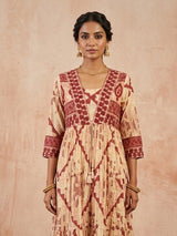 Cream and maroon cotton silk printed long kurti