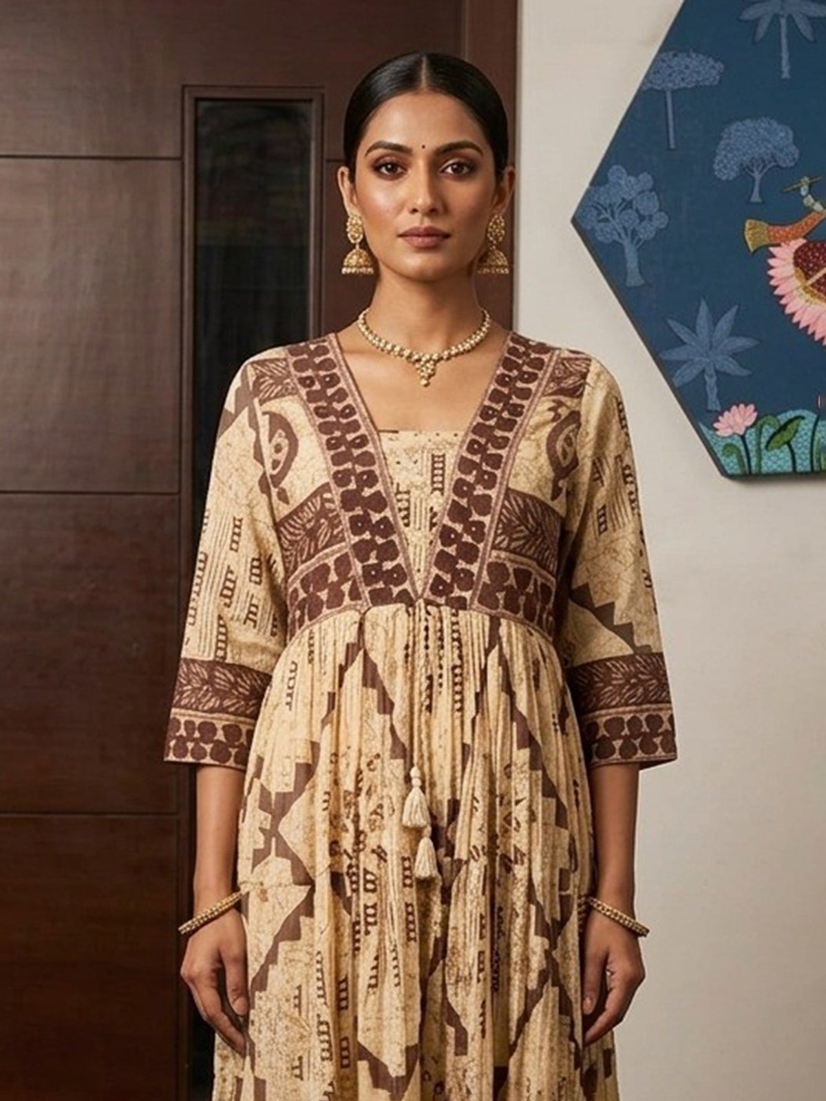 Cream and coffee cotton silk printed long kurti