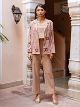 Beige cotton linen jacket style three piece co ord set