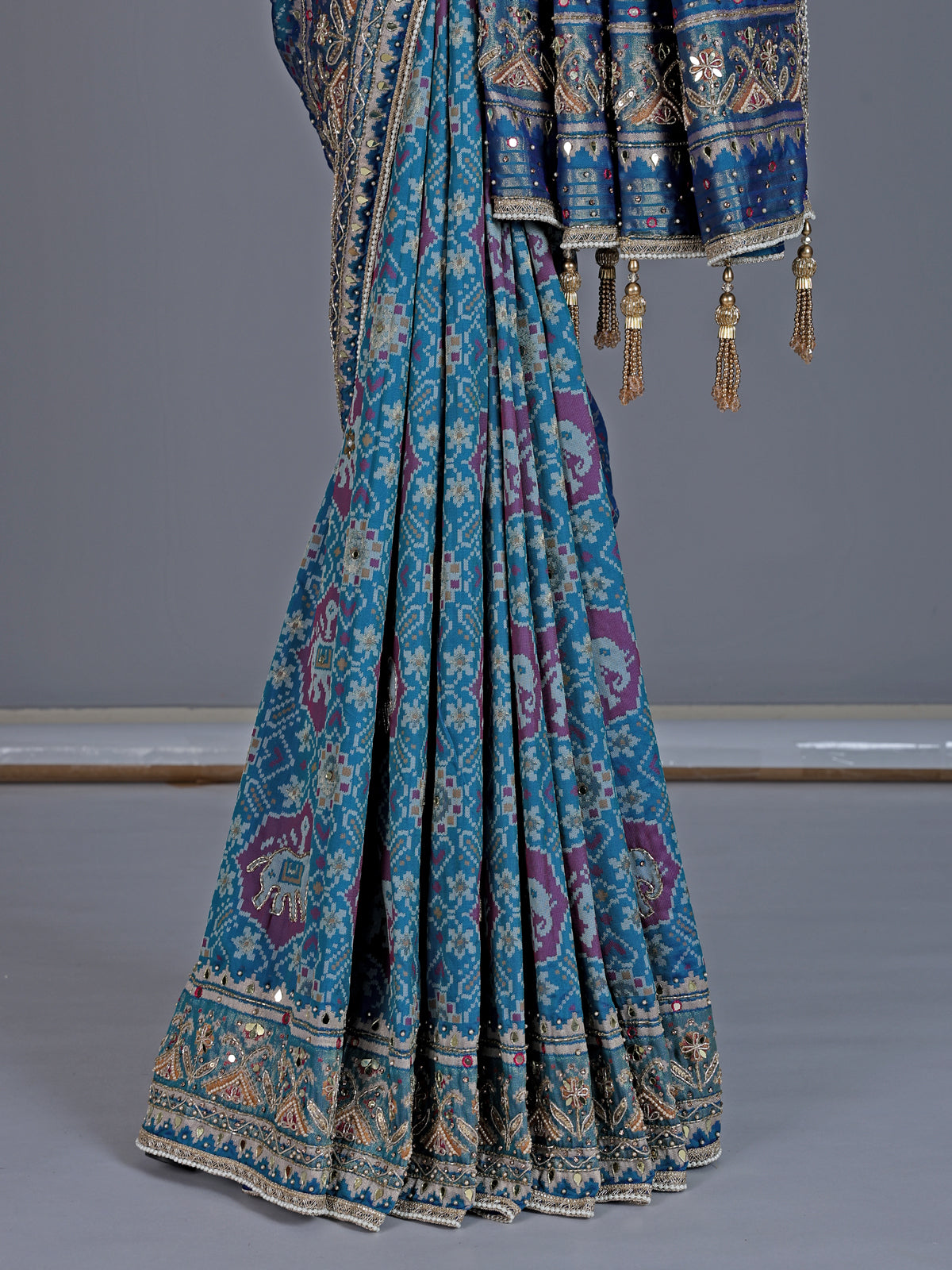 Blue art patola silk saree with elephant motif elegance