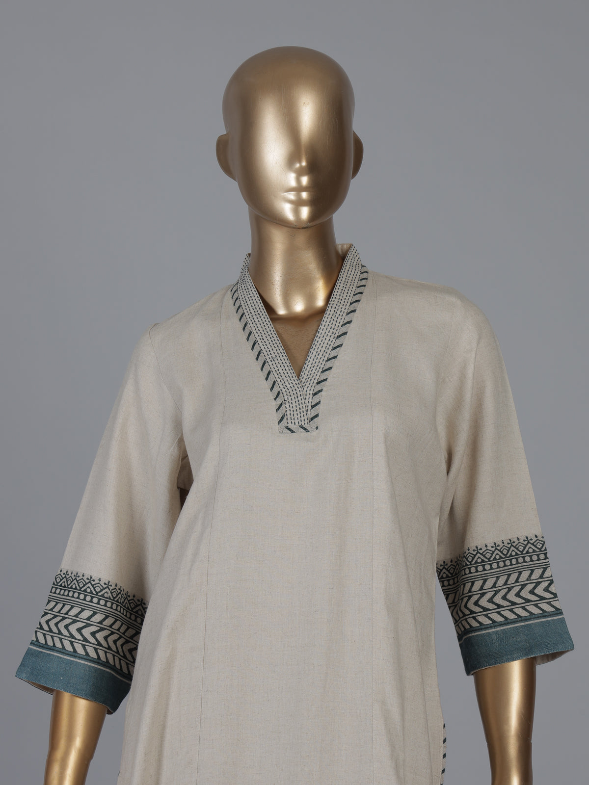 Beige cotton linen straight cut kurti set