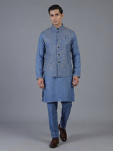 Blue linen waistcoat set with chinese collar