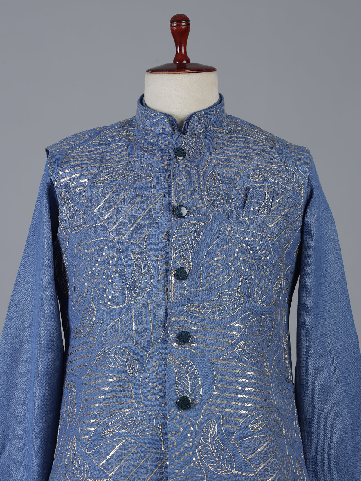Blue linen waistcoat set with chinese collar