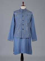 Blue linen waistcoat set with chinese collar