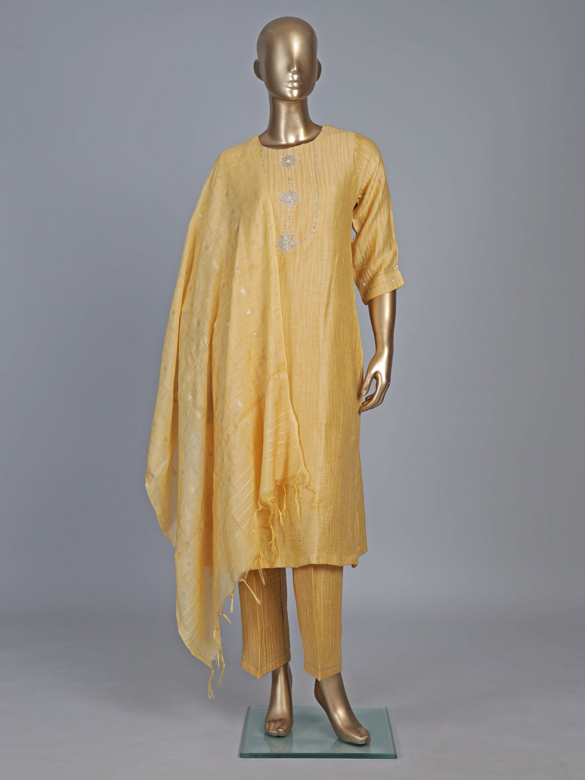 Yellow silk zardosi work straight festive salwar suit