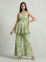 Mint green crepe silk floral palazzo suit