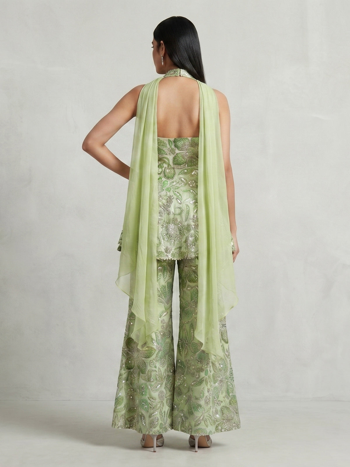 Mint green crepe silk floral palazzo suit