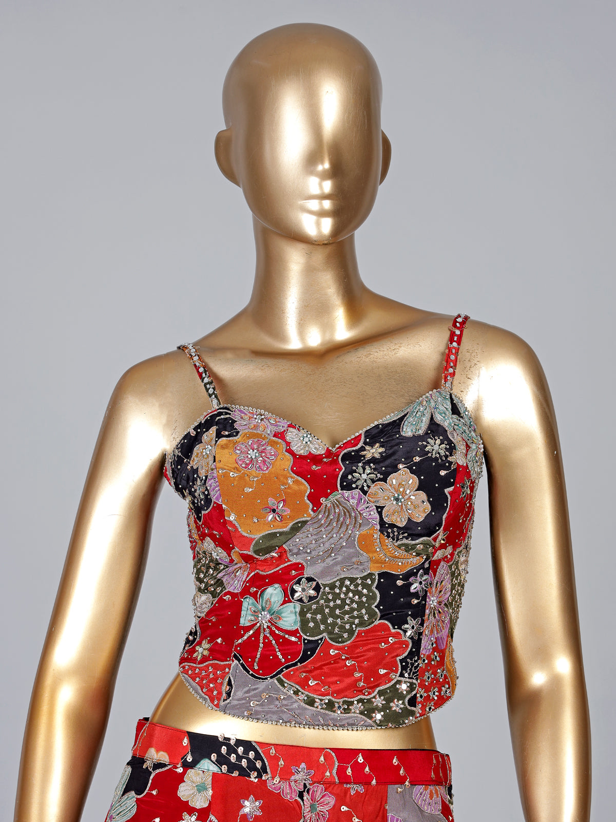 Multicolor satin silk palazzo suit with printed elegance