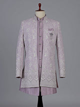 Lilac purple silk indowestern set with brooch detail