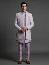 Lilac purple silk indowestern set with brooch detail