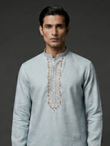 Light grey cotton linen kurta with embroidered yoke