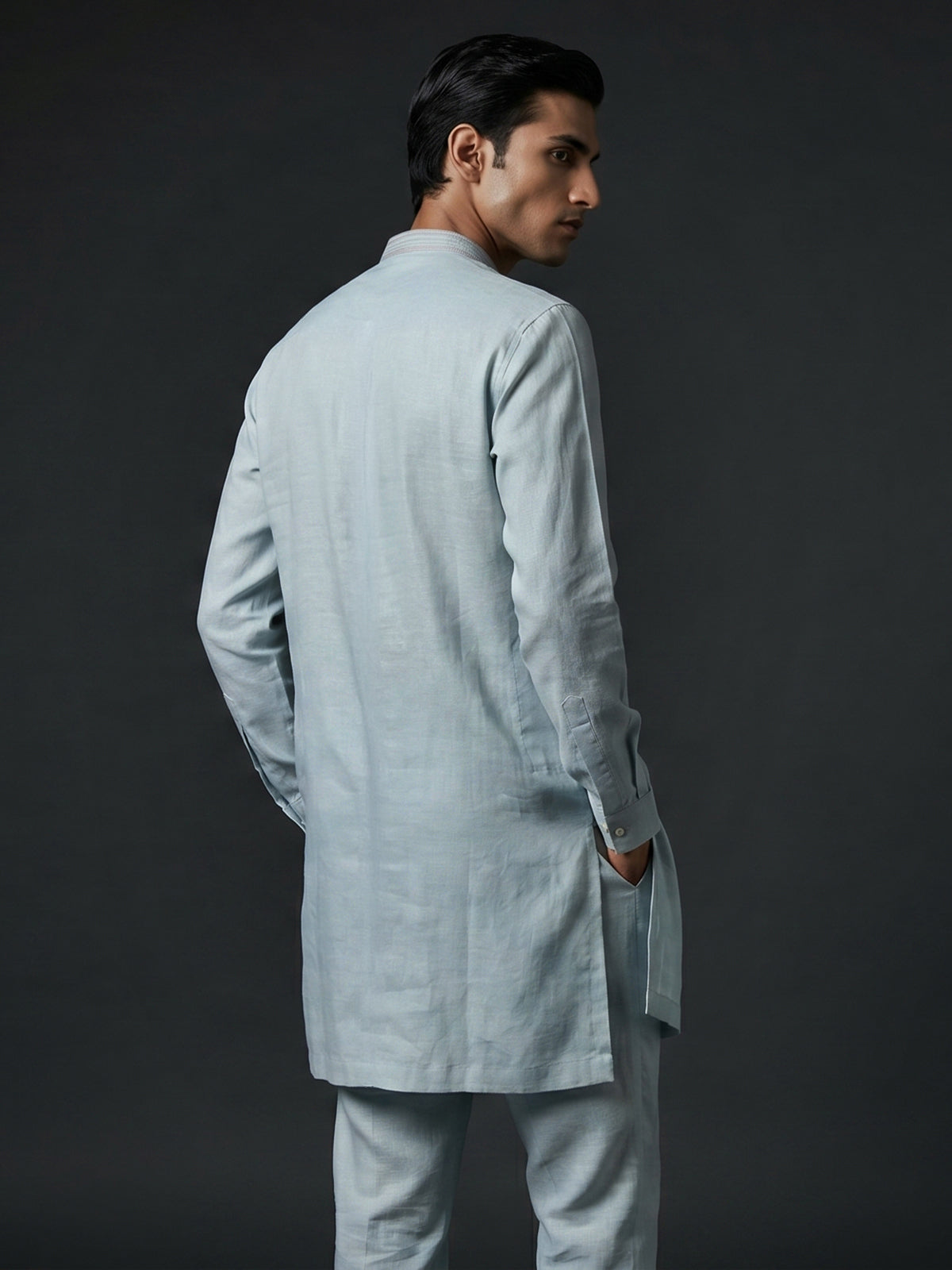 Light grey cotton linen kurta with embroidered yoke