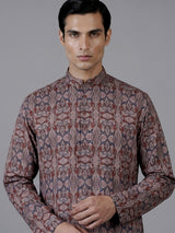 Brown and grey printed silk kurta suiit with mandarin collar