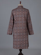 Brown and grey printed silk kurta suiit with mandarin collar
