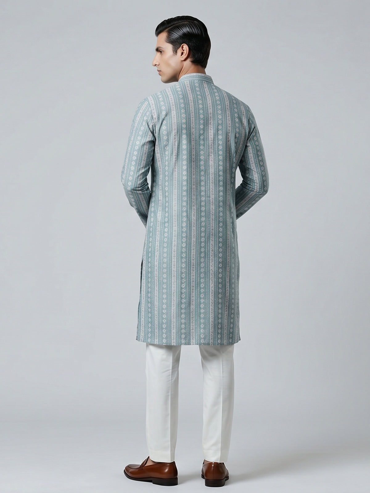 Light blue cotton silk kurta suiit with prints