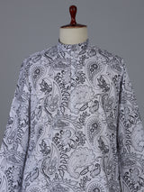 White floral cotton linen kurta suiit with mandarin collar