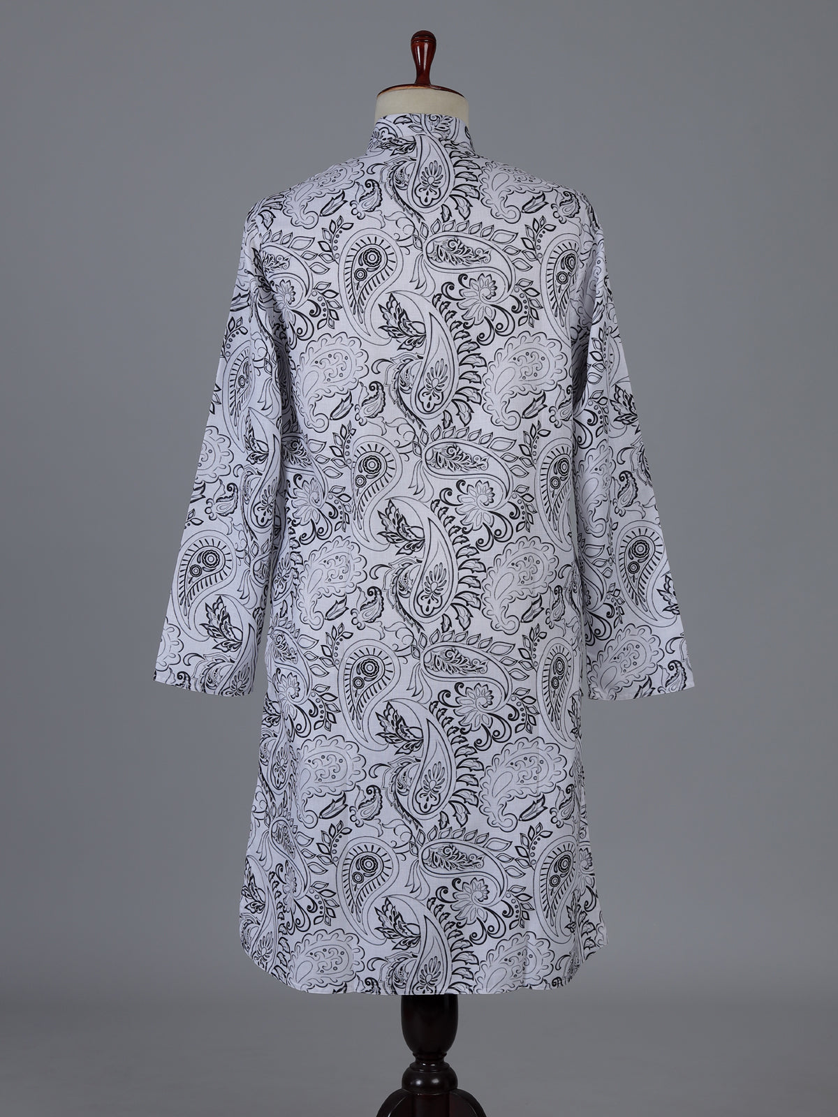 White floral cotton linen kurta suiit with mandarin collar