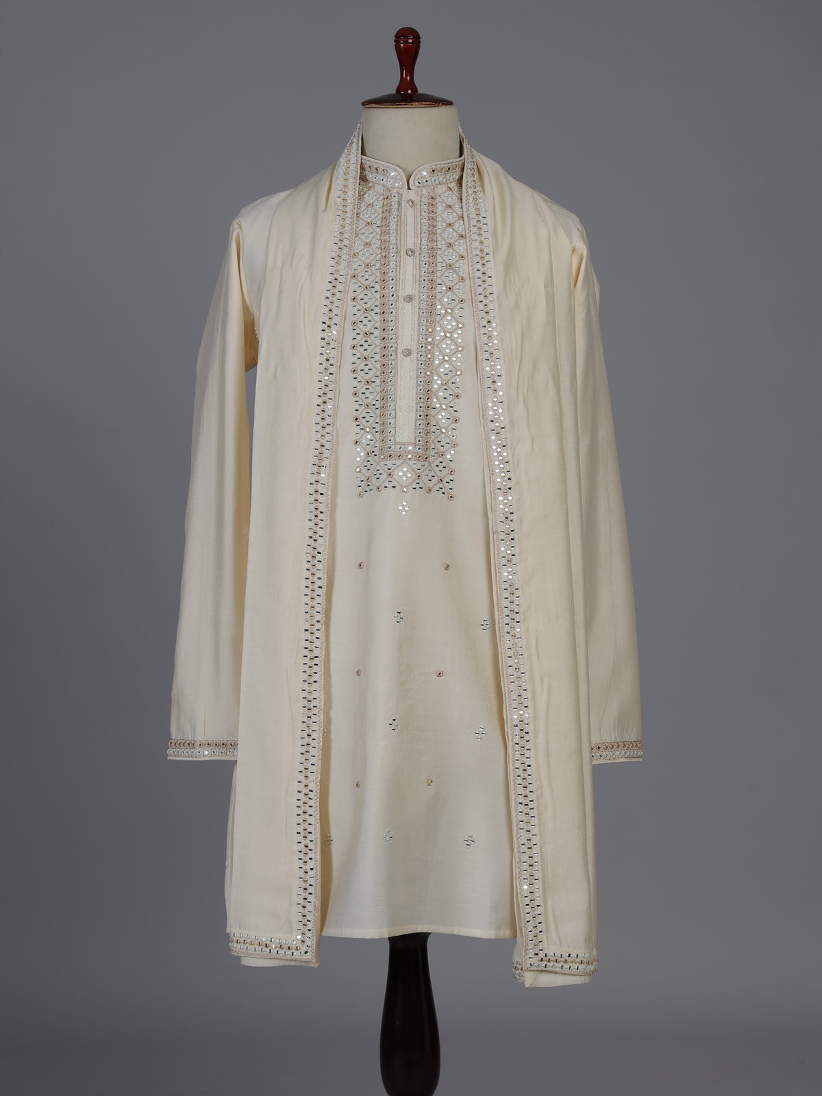 Cream silk kurta suiit with aabla and embroidery work