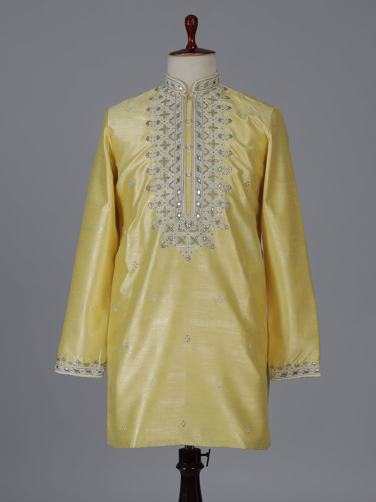 Yellow silk kurta suiit with aabla and embroidery design
