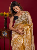 Golden yellow crushed tissue saree