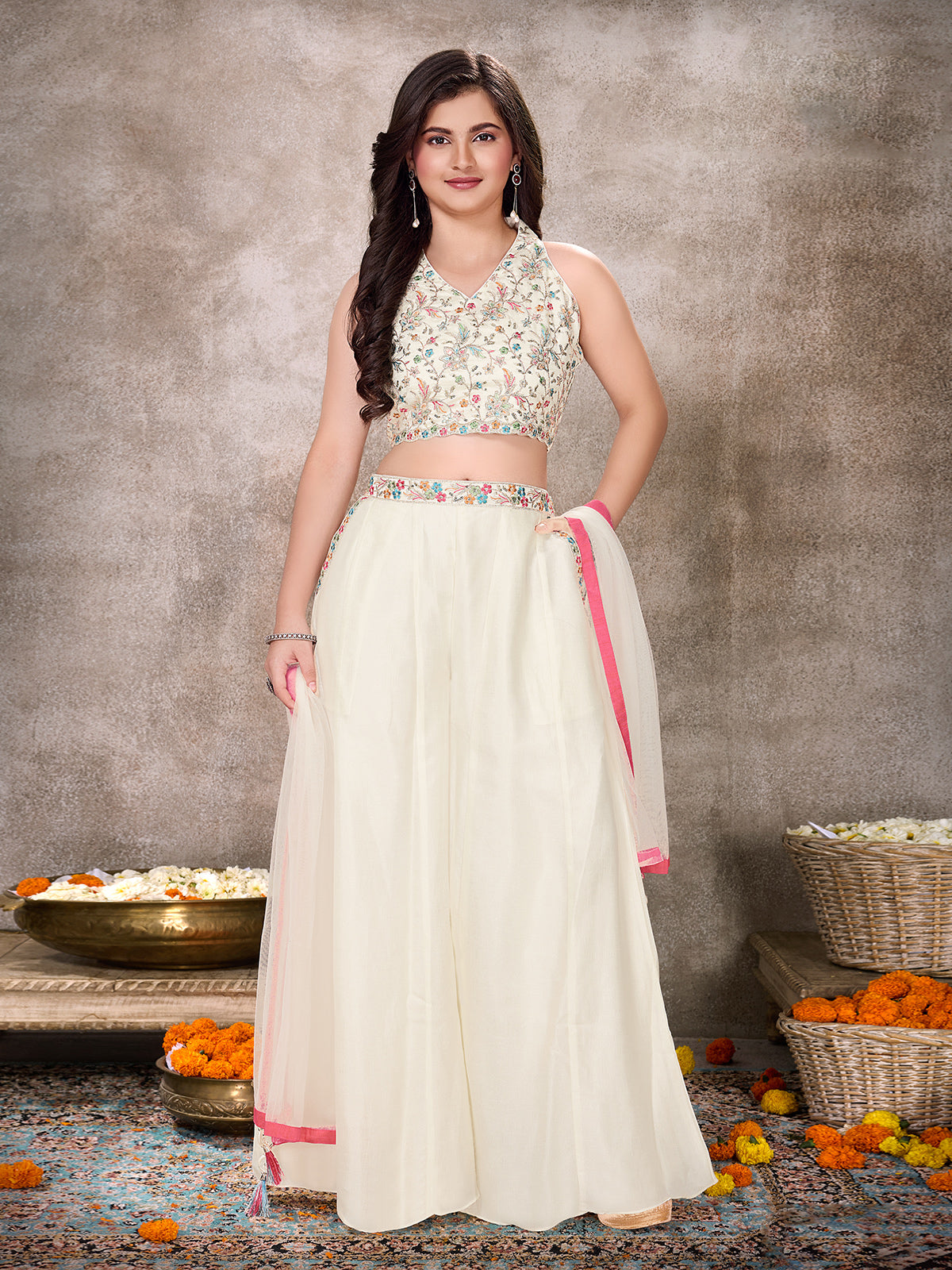 Off white silk palazzo suit with dupatta set