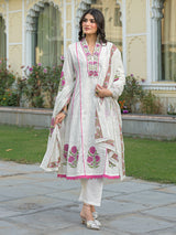 White cotton kurti set with pink prints