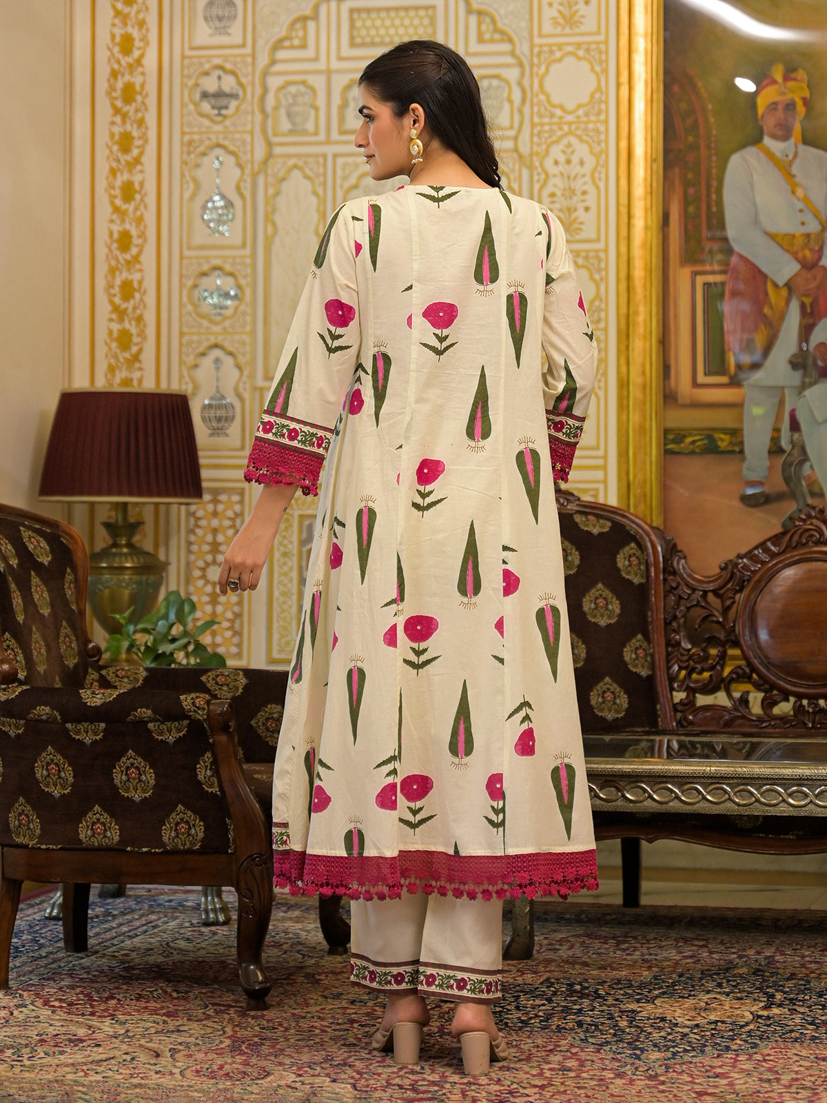 Off white printed kurti set with thread and sequins work