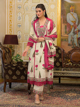 Off white printed kurti set with thread and sequins work