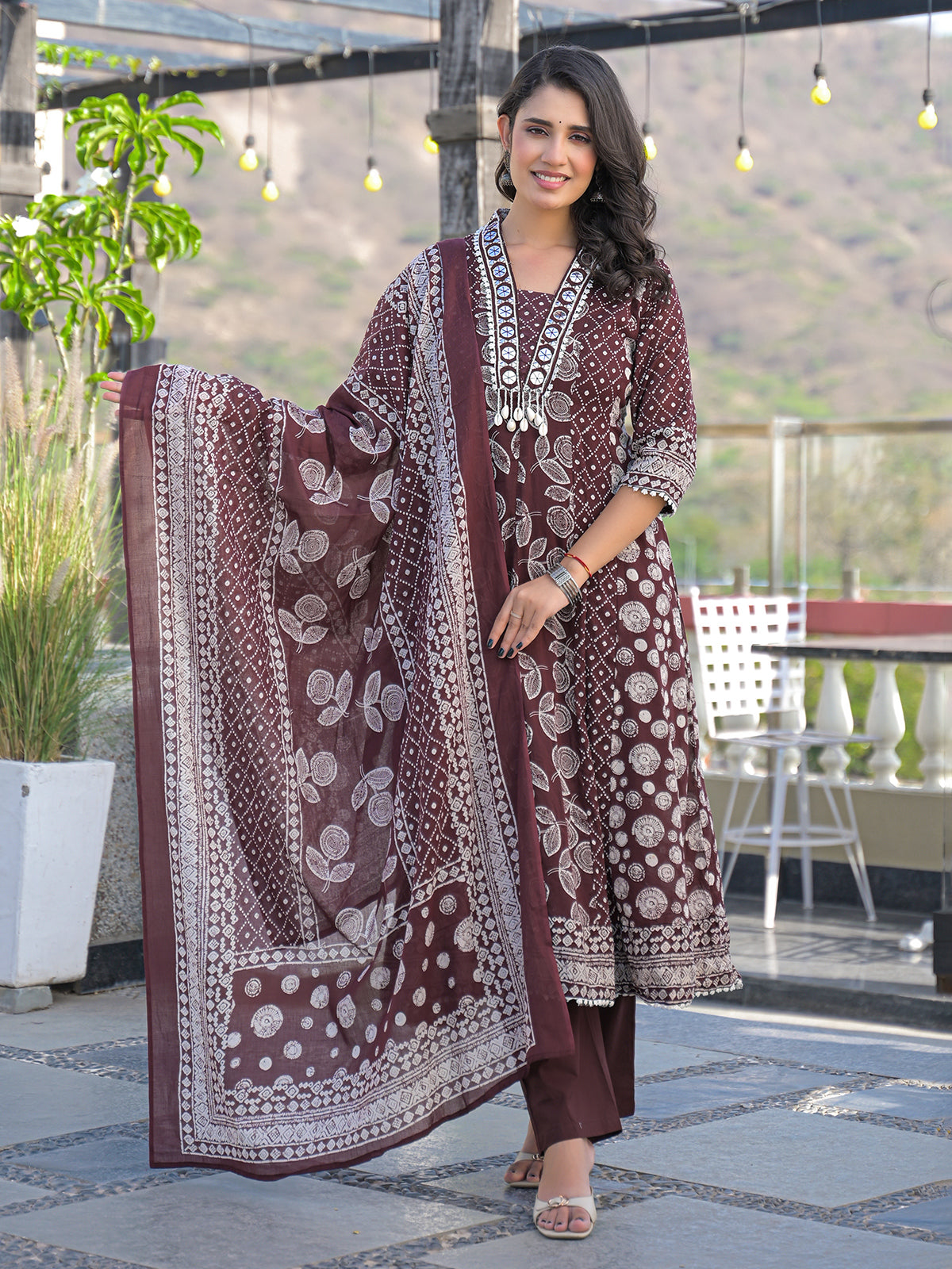 Brown cotton kurti set with bead work and dupatta