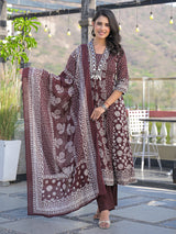 Brown cotton kurti set with bead work and dupatta