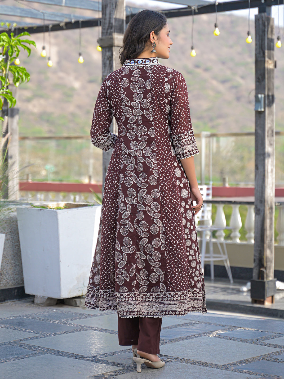 Brown cotton kurti set with bead work and dupatta