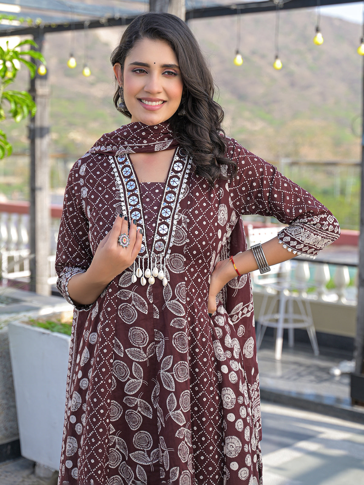 Brown cotton kurti set with bead work and dupatta